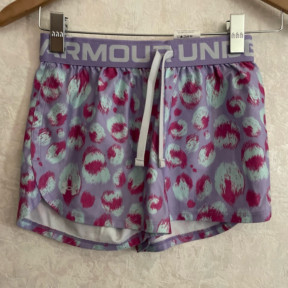 Under Armour girls youth medium purple animal print shorts